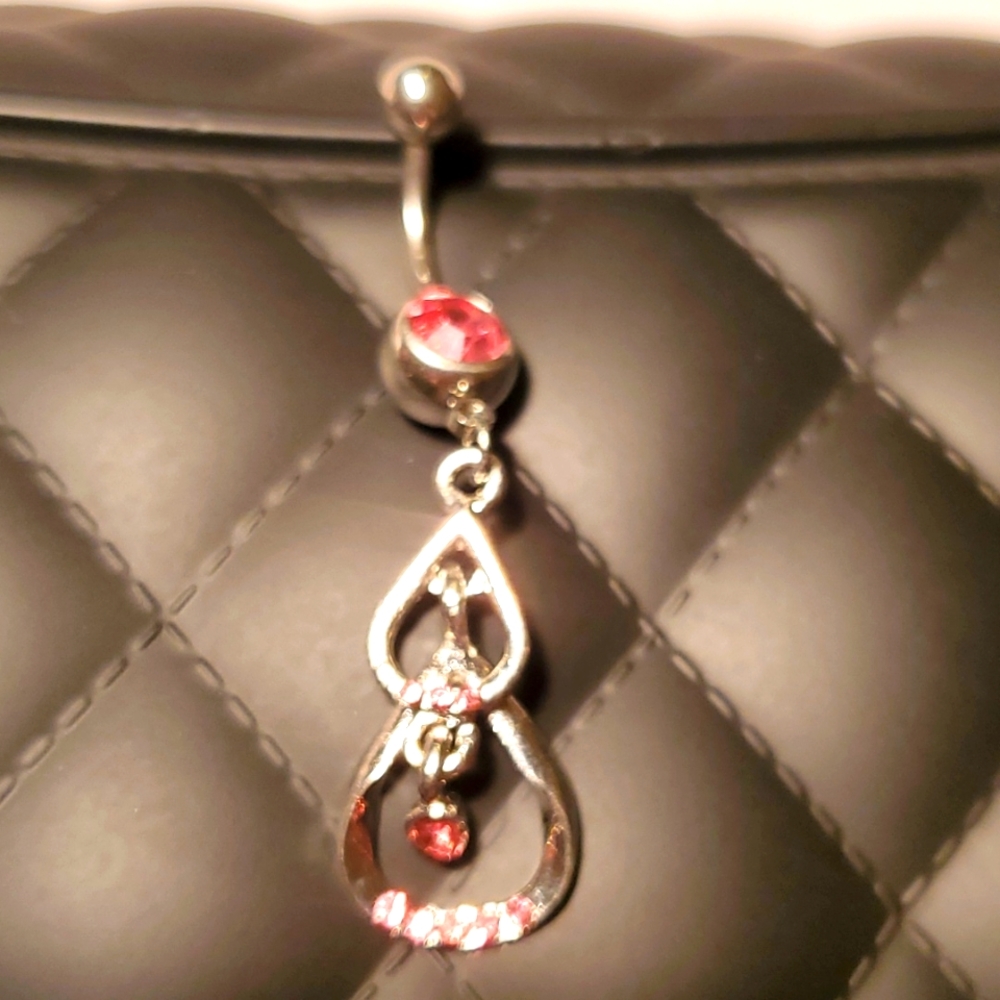 Belly button ring pink jeweled tear drops dangle